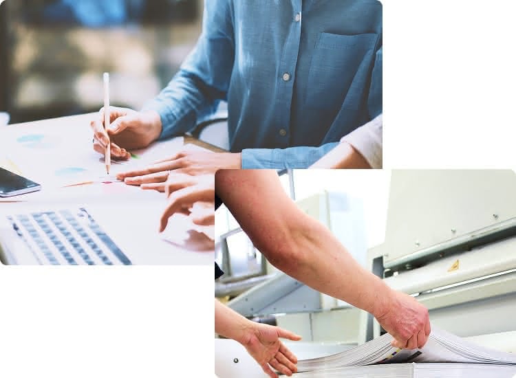 画像：パソコンでの作業と印刷されたDMを確認し、ワンストップで対応する様子